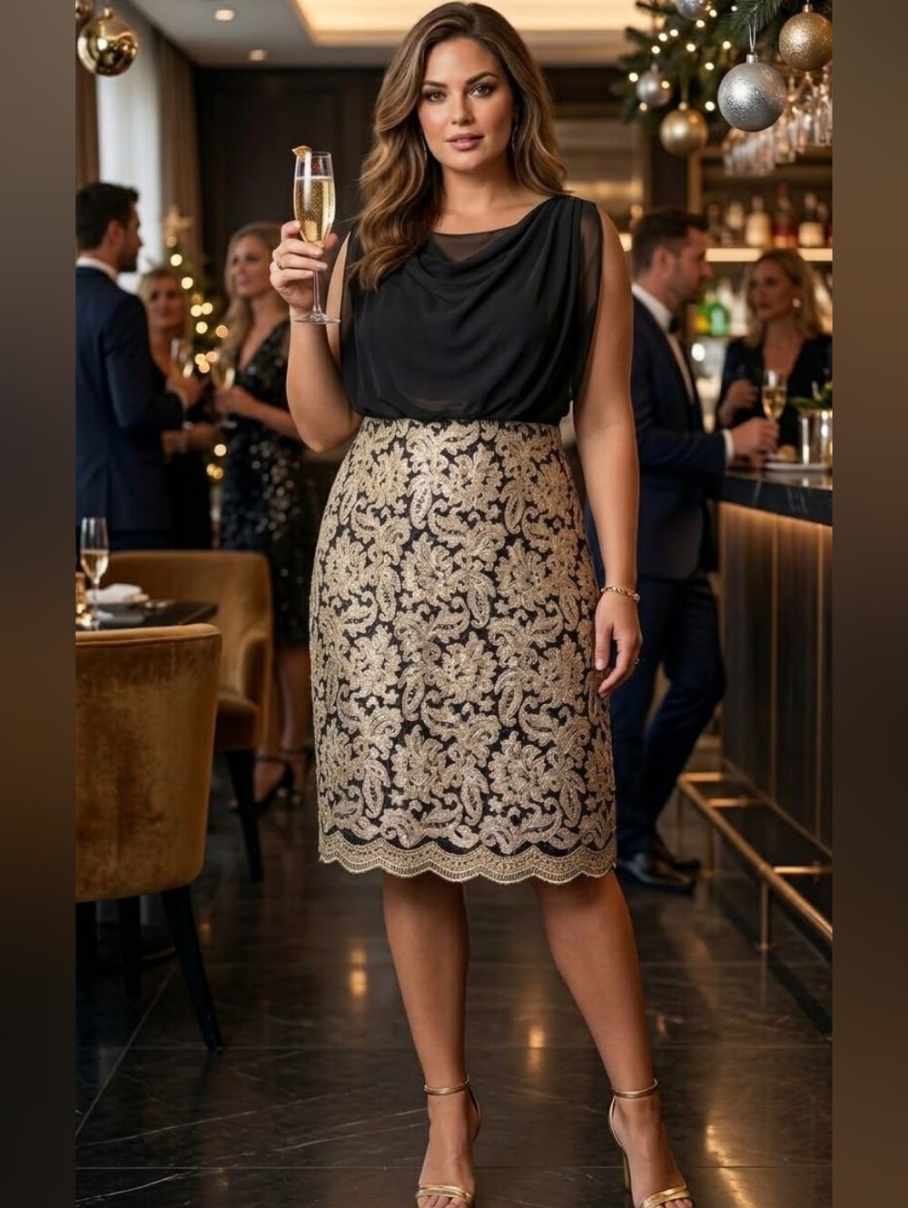 BLACK COLLECTION Sublime Robe Chic de Soirée Noir et Champagne / Or